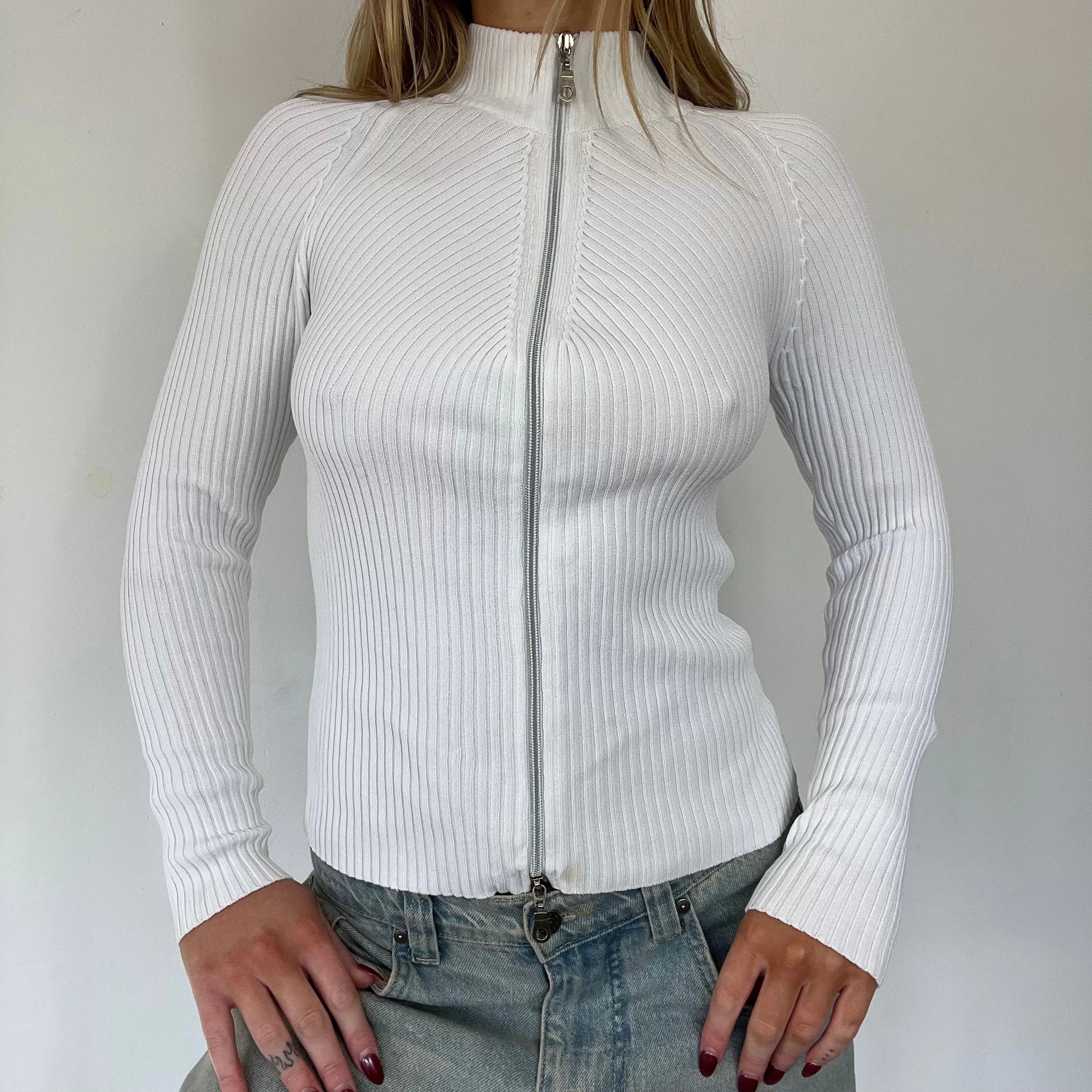 90s white ribbed double zip jumper