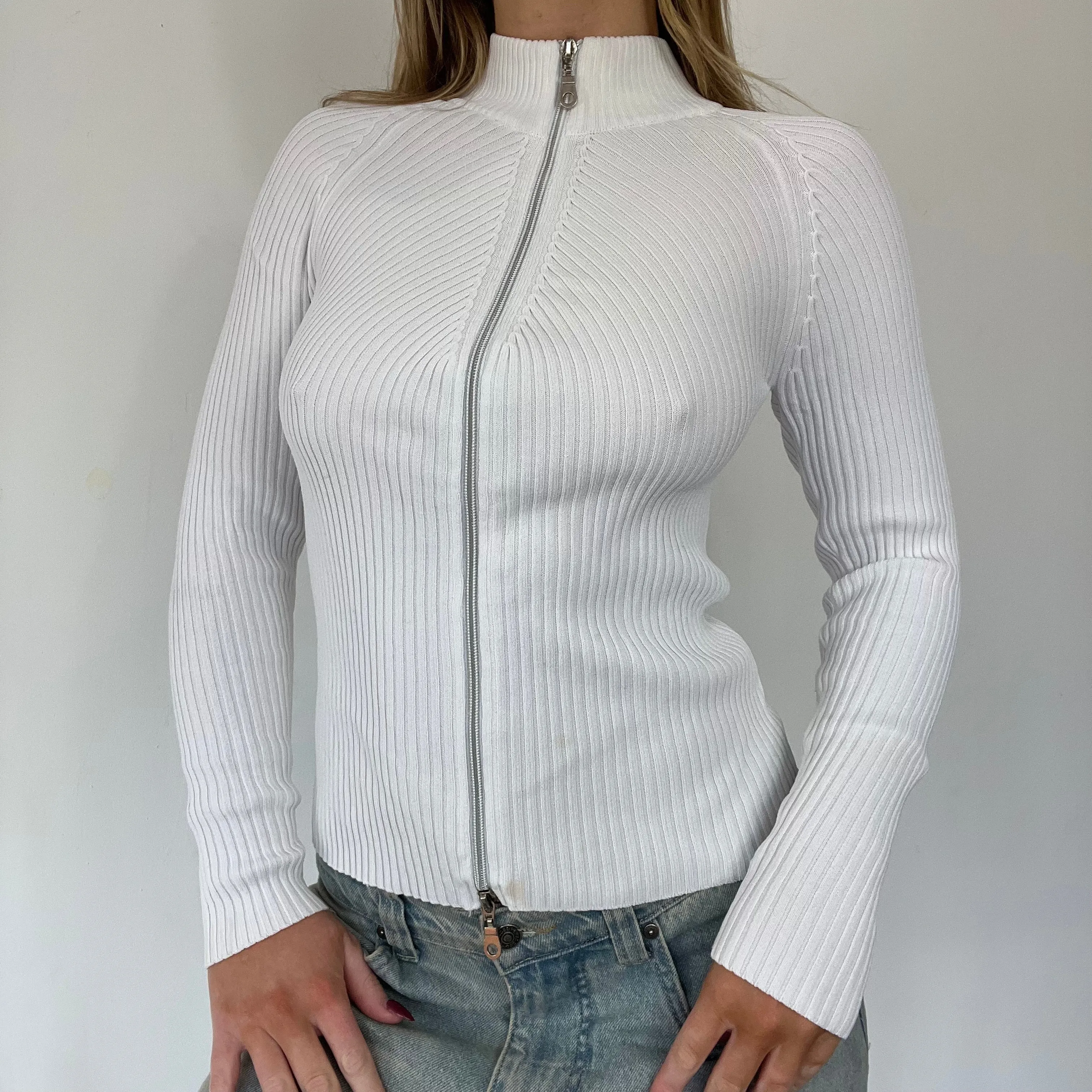 90s white ribbed double zip jumper