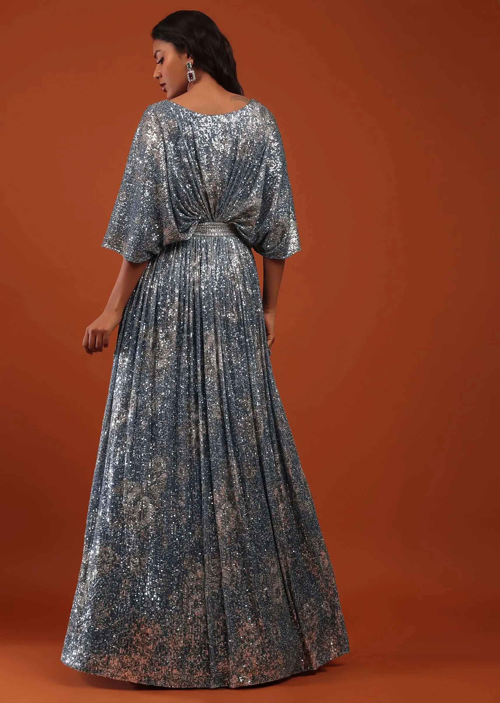 Allure Blue Crushed Sequins Kaftan Gown With An Embellished Waistbelt