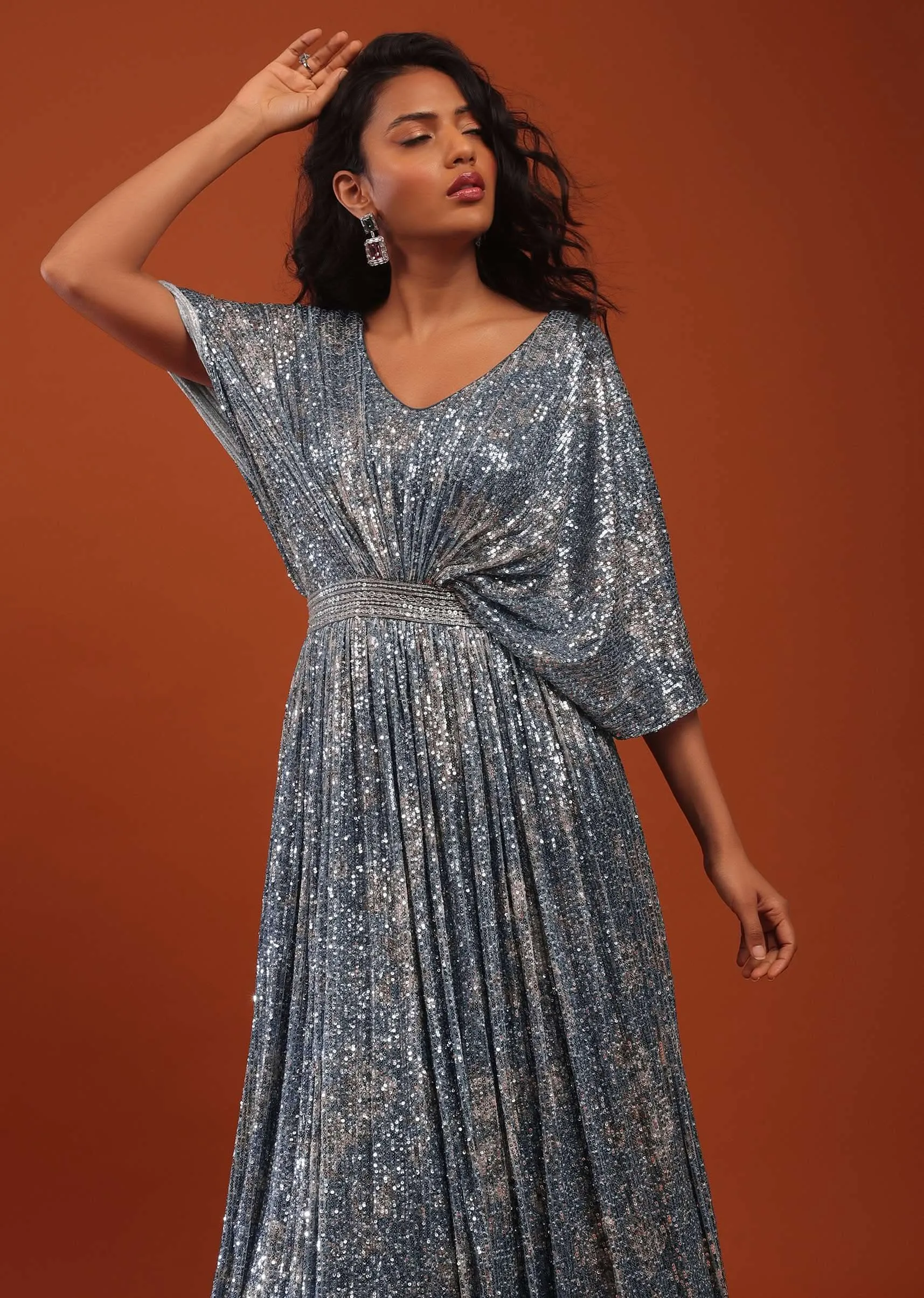 Allure Blue Crushed Sequins Kaftan Gown With An Embellished Waistbelt