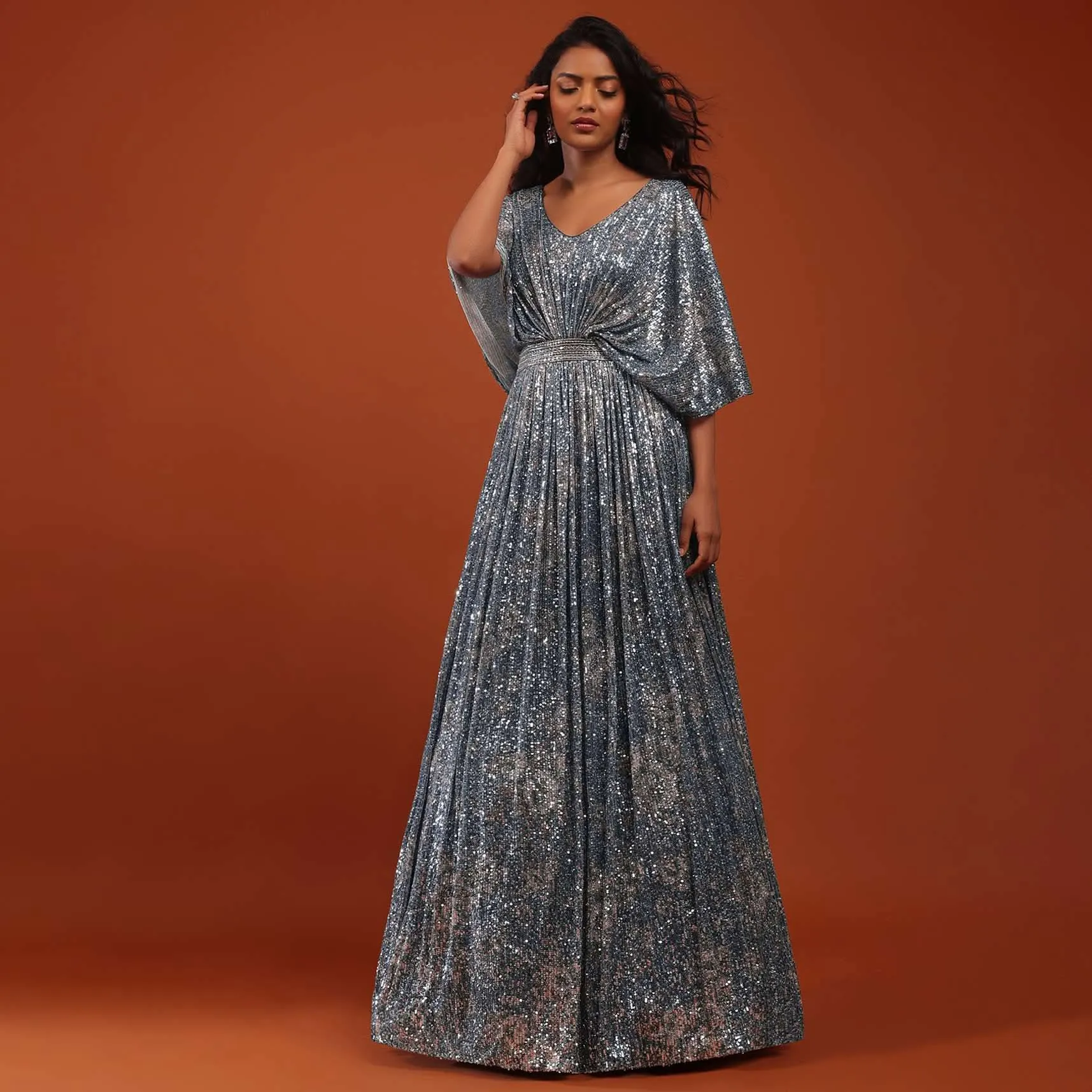 Allure Blue Crushed Sequins Kaftan Gown With An Embellished Waistbelt