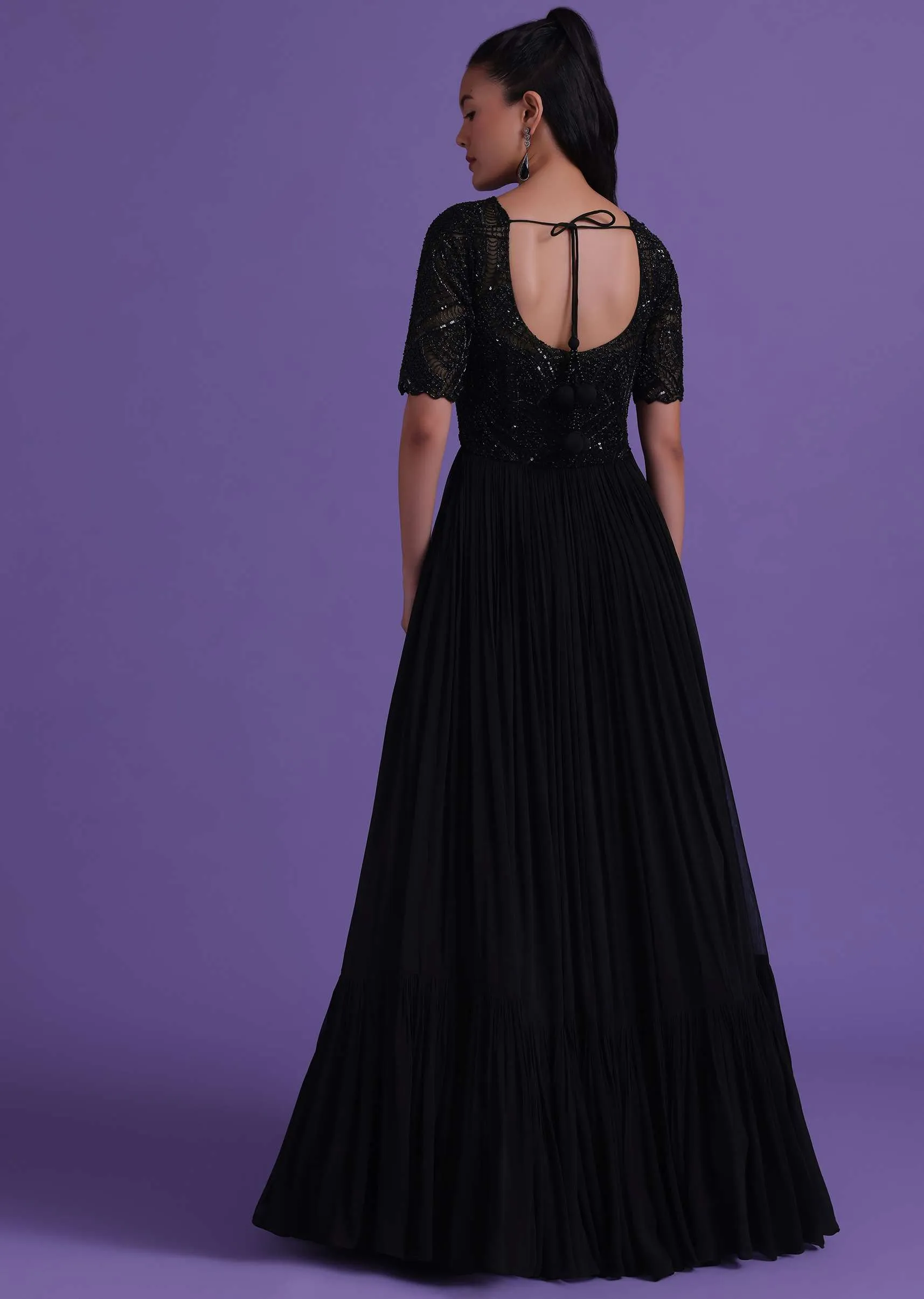 Black Georgette Gown With Cut Dana, Sequins, And Bead Work