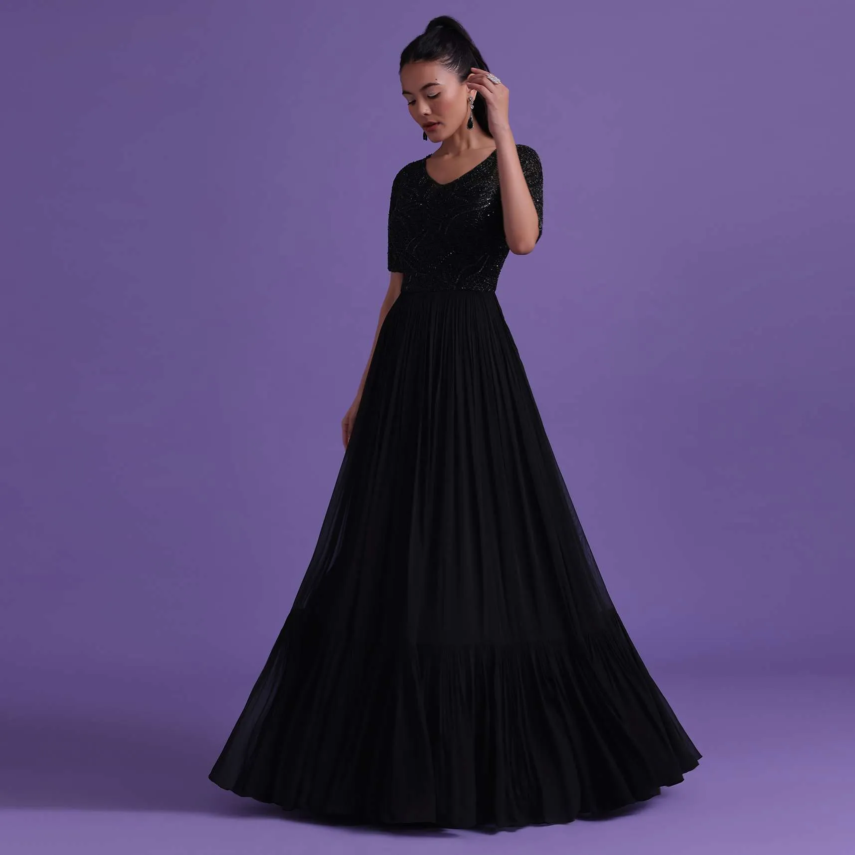 Black Georgette Gown With Cut Dana, Sequins, And Bead Work