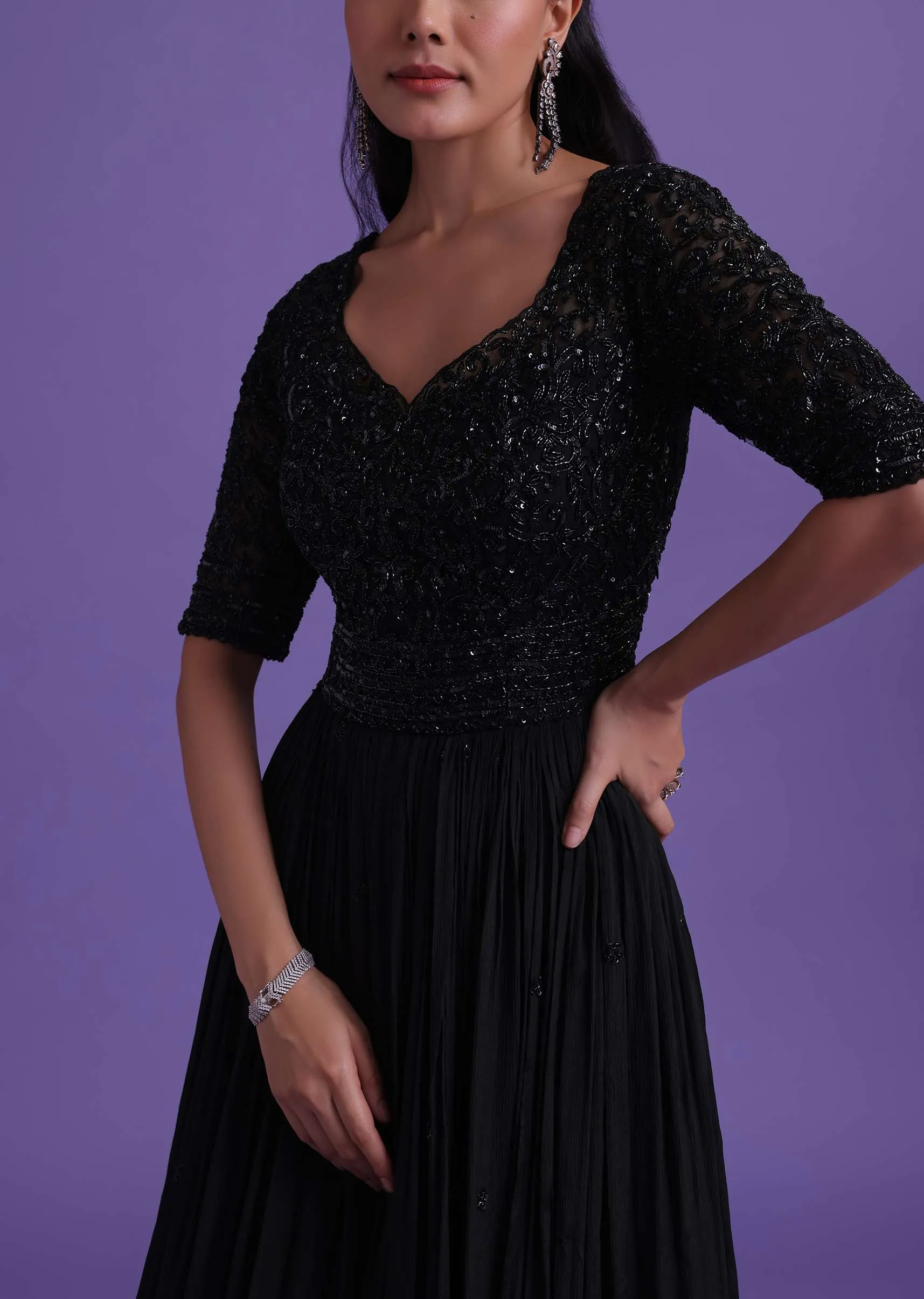 Black Gown In Chinon With Cut Dana, Beads, And Sequins Work