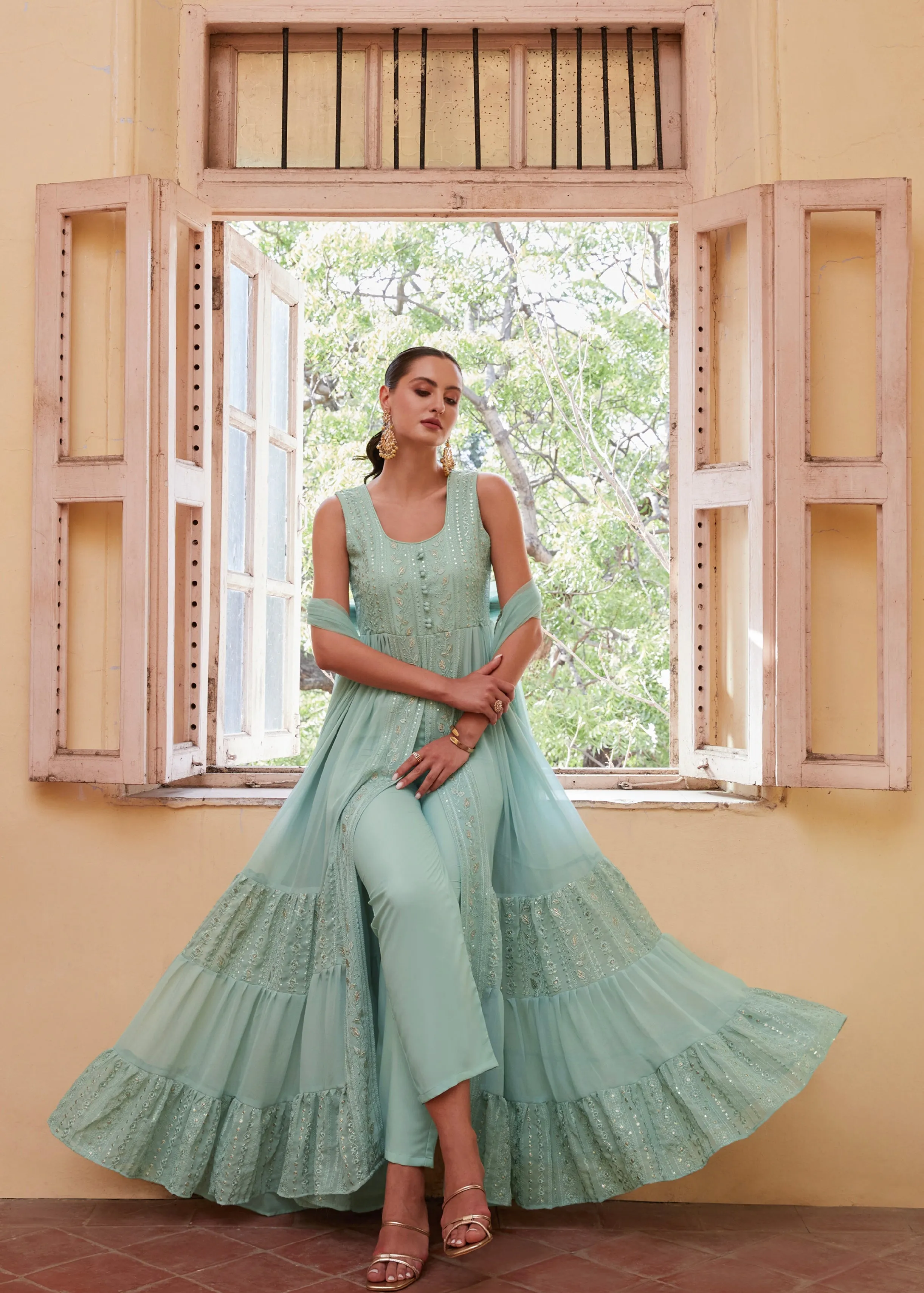 Firozi Anarkali In Georgette With Sequins, Thread And Zari Embroidery