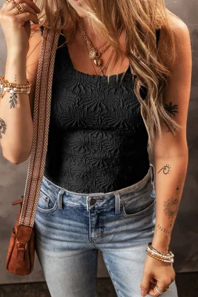 LDC Floral Jacquard Square Neck Tank Top: Black / XL