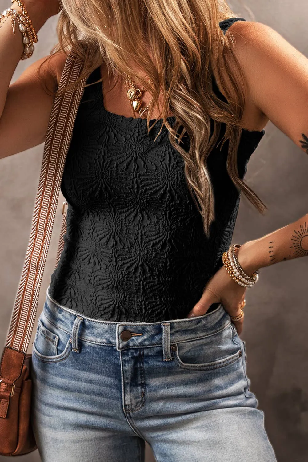 LDC Floral Jacquard Square Neck Tank Top: Black / XL