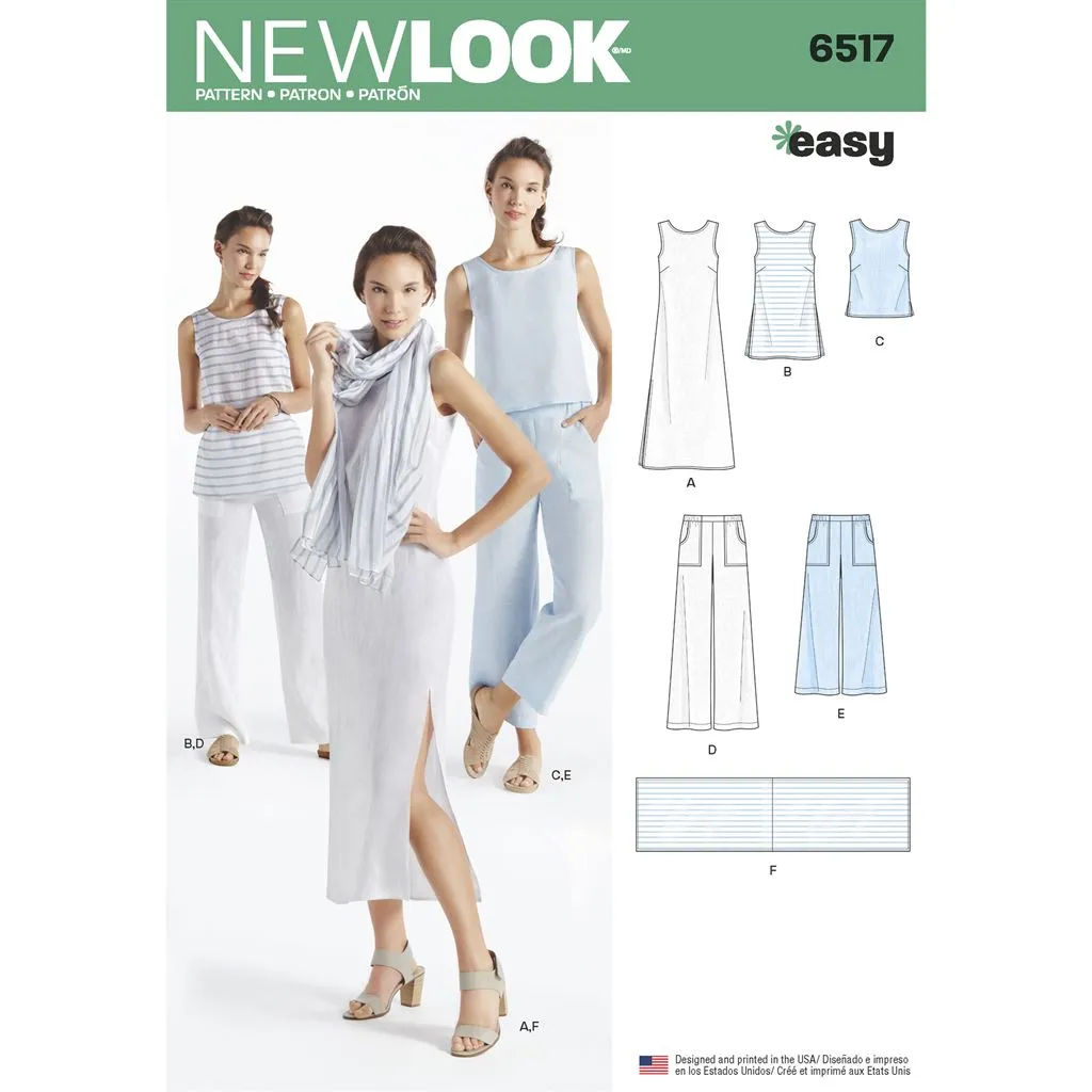 New Look Pattern 6517 Women's   Dress, Tunic, Top, Pants, and Scarf