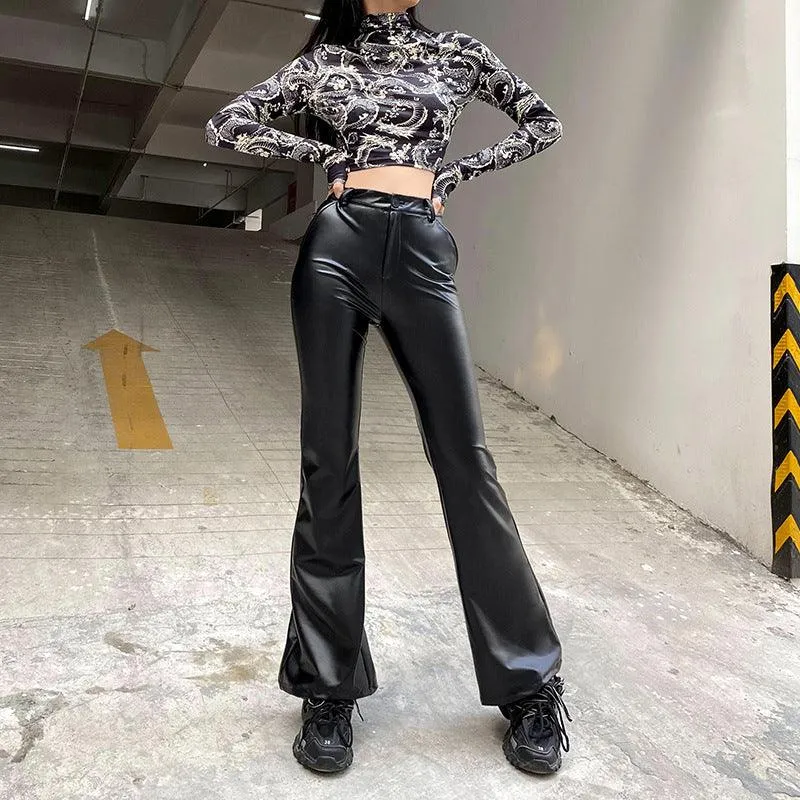 Street Trending New Basic Wide-leg Bootcut Leather Pants