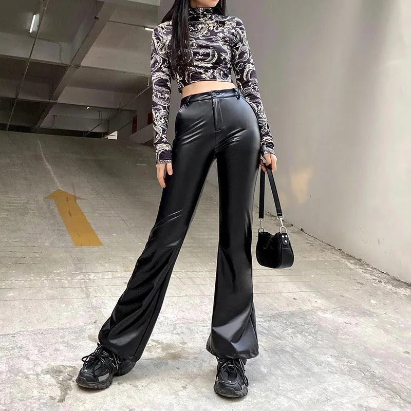 Street Trending New Basic Wide-leg Bootcut Leather Pants