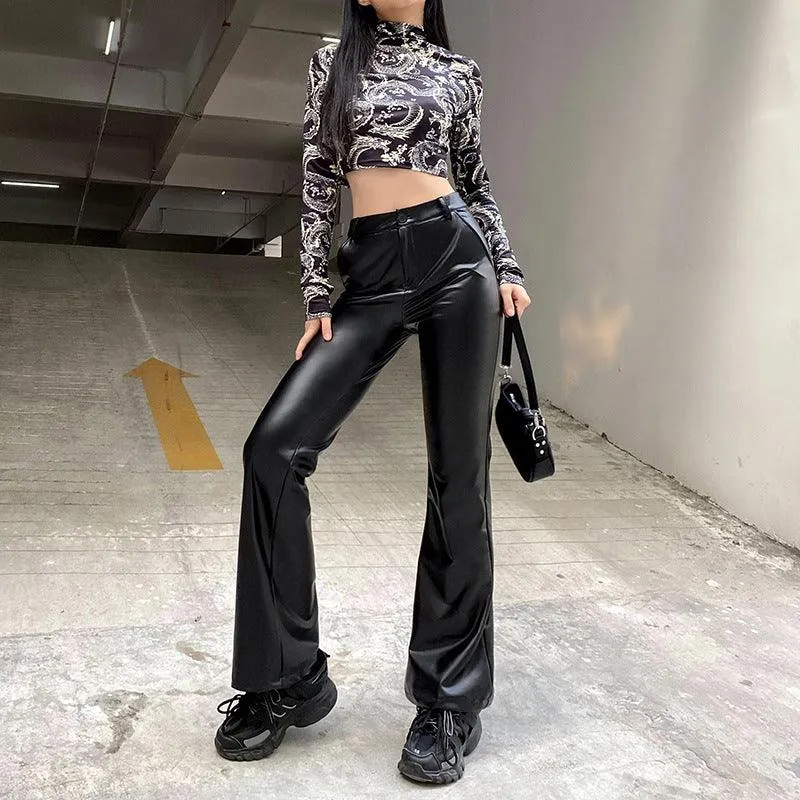 Street Trending New Basic Wide-leg Bootcut Leather Pants