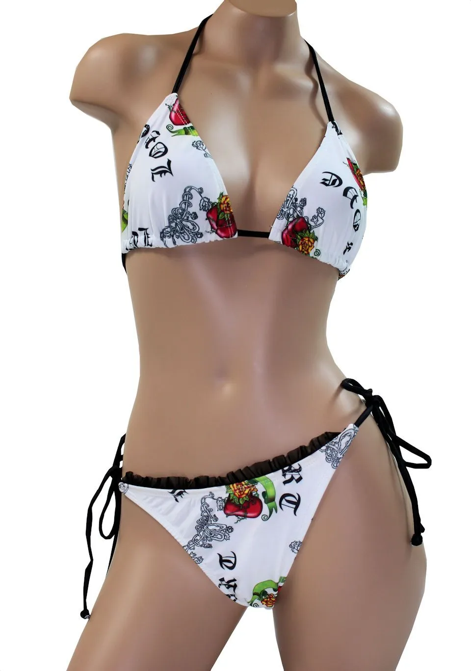 Women's Love, Hate Tattoo String Bikini Swimsuit