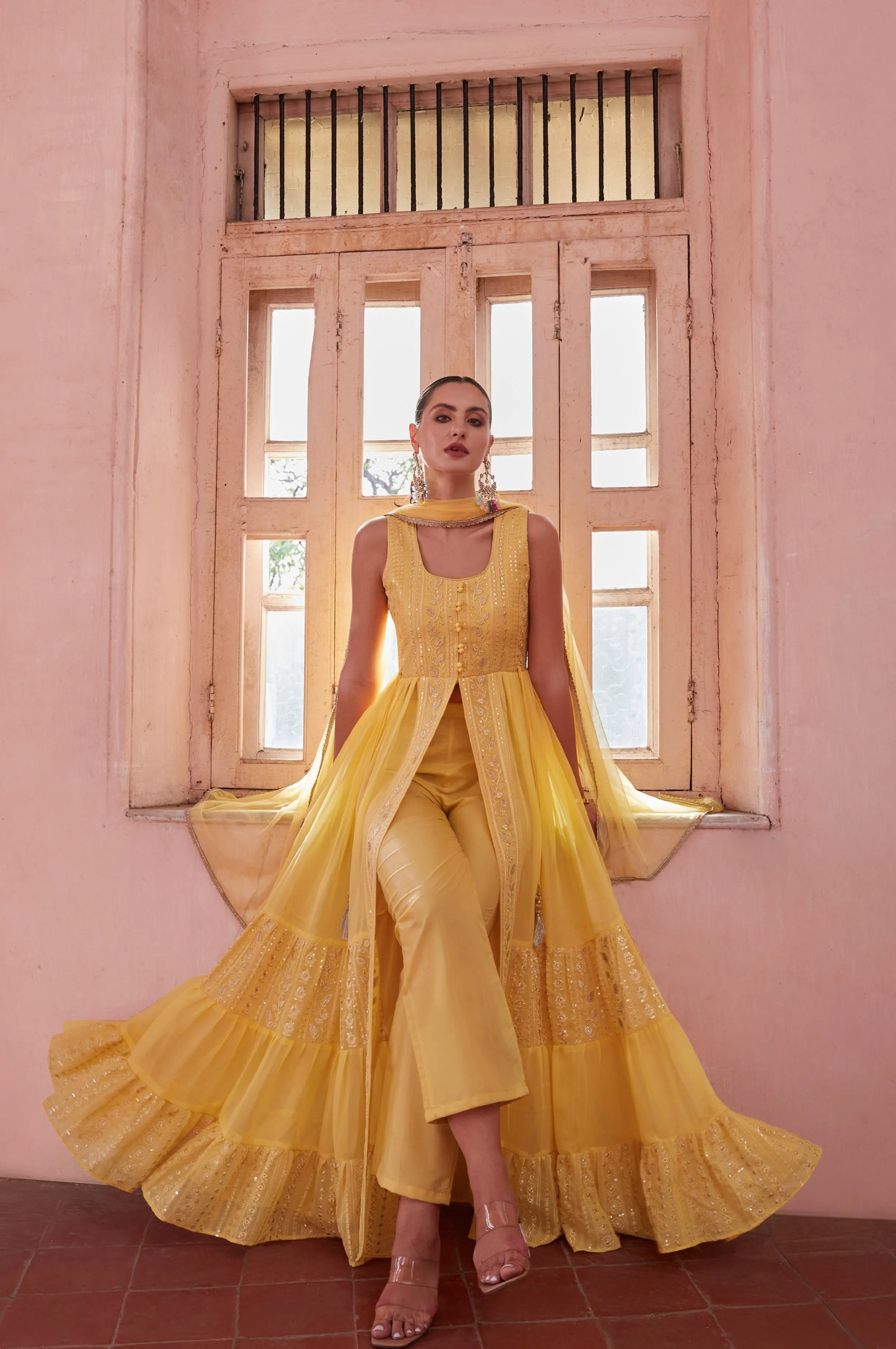 Yellow Full Flared Anarkali Gown In Georgette With Thread And Sequins Embroidery